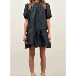 Moon River Ruffled Neck Puff Sleeve Mini Jacquard Dress